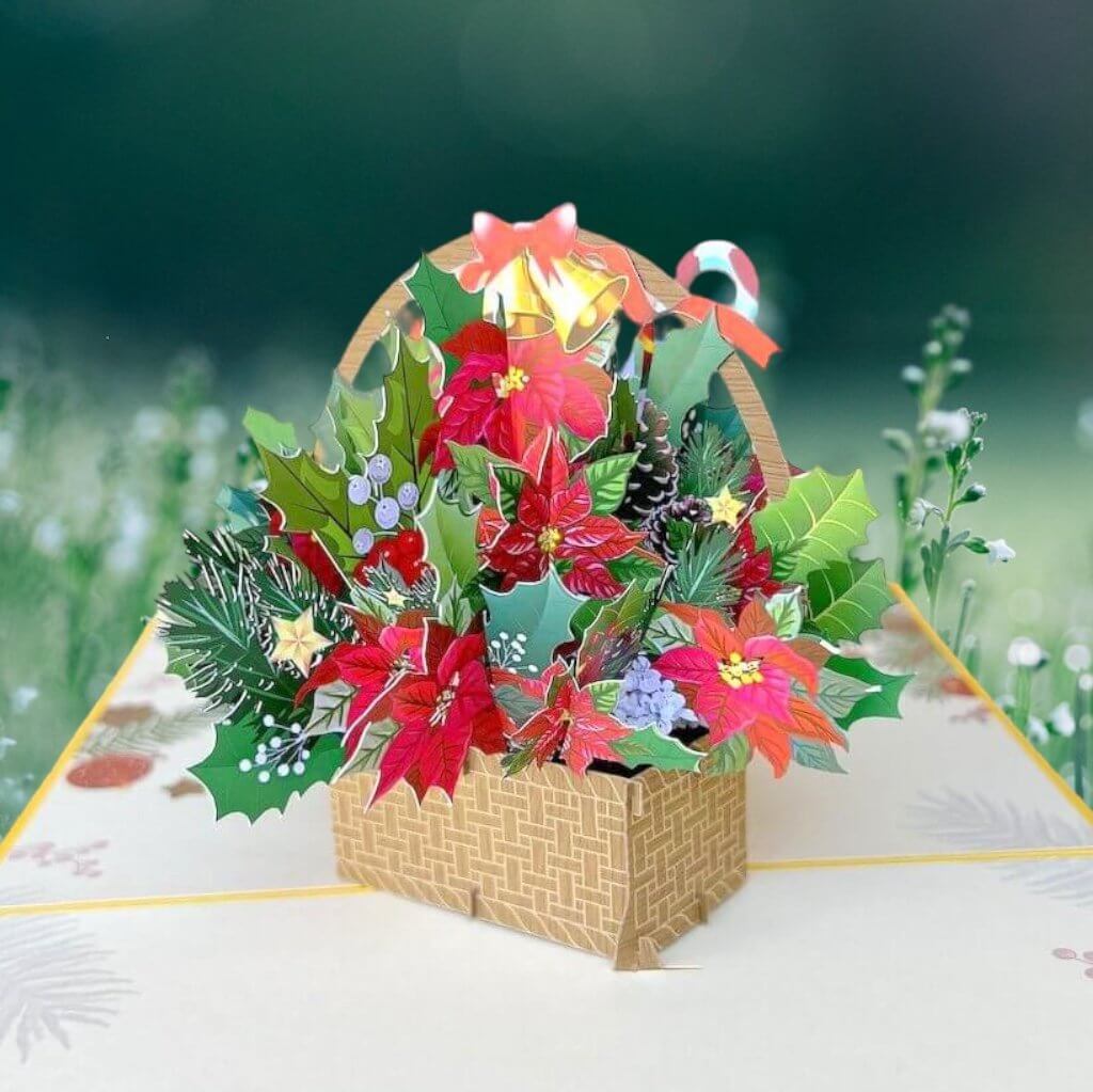 Christmas Poinsettia Flower Basket 3D Pop Up Greeting Card