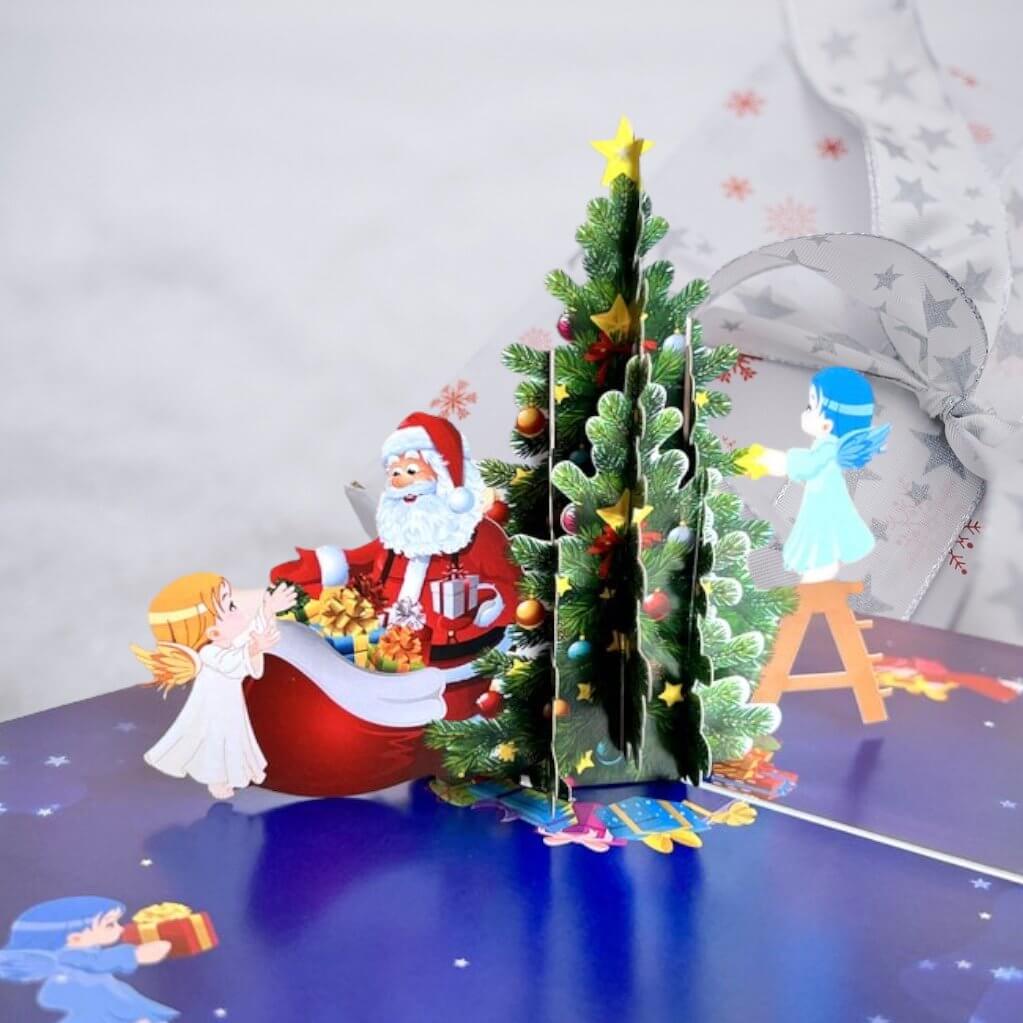 Handmade Santa & Baby Angels Decorating Xmas Tree Pop Up Christmas Card