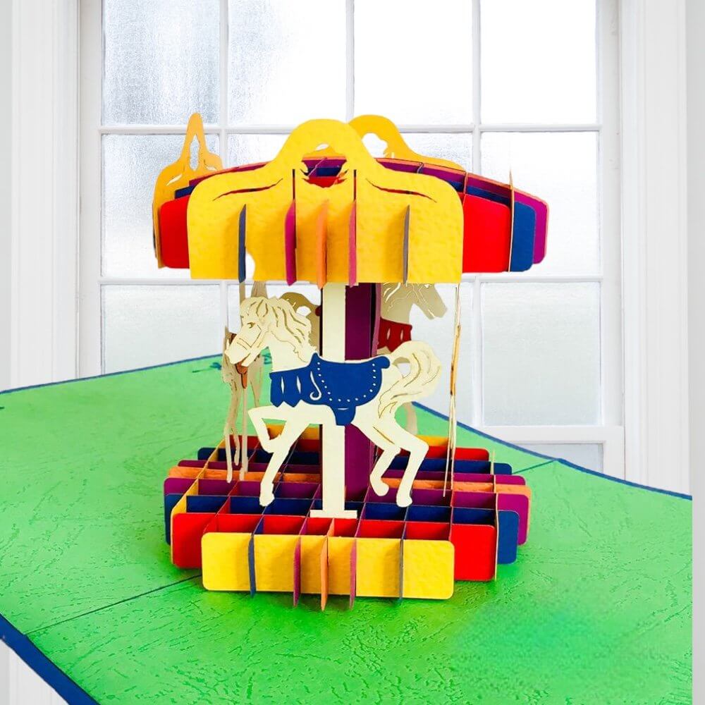 Handmade Colourful Carousel Merry Go Round 3D Pop Up Card - Online Party Supplies