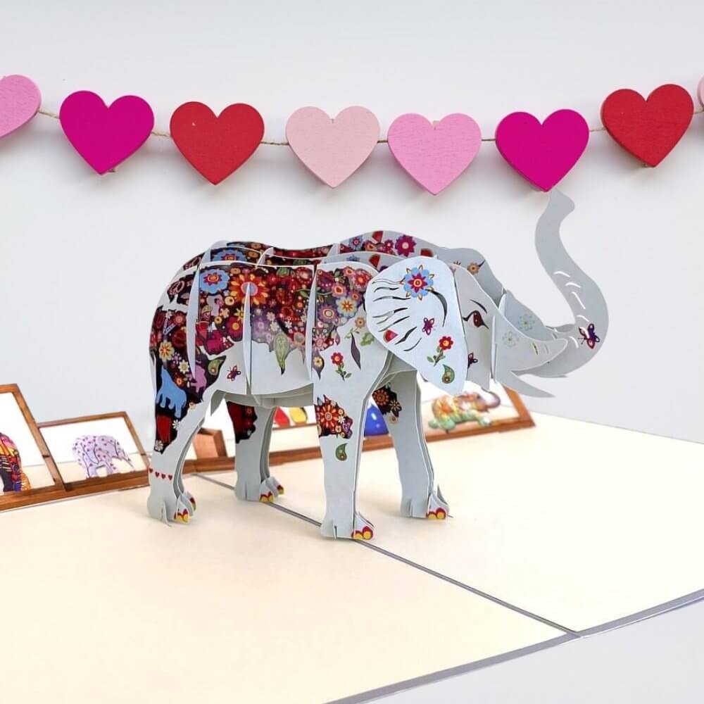 Handmade Colourful Hand Painted Elephant 3D Pop Up Card