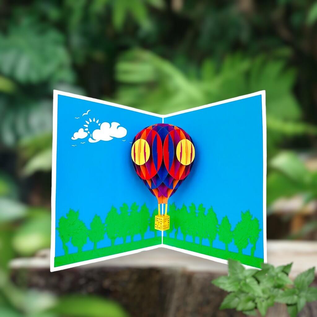 Handmade Colourful Hot Air Balloon 3D Pop Up Card - White Cover - Online Party Supplies