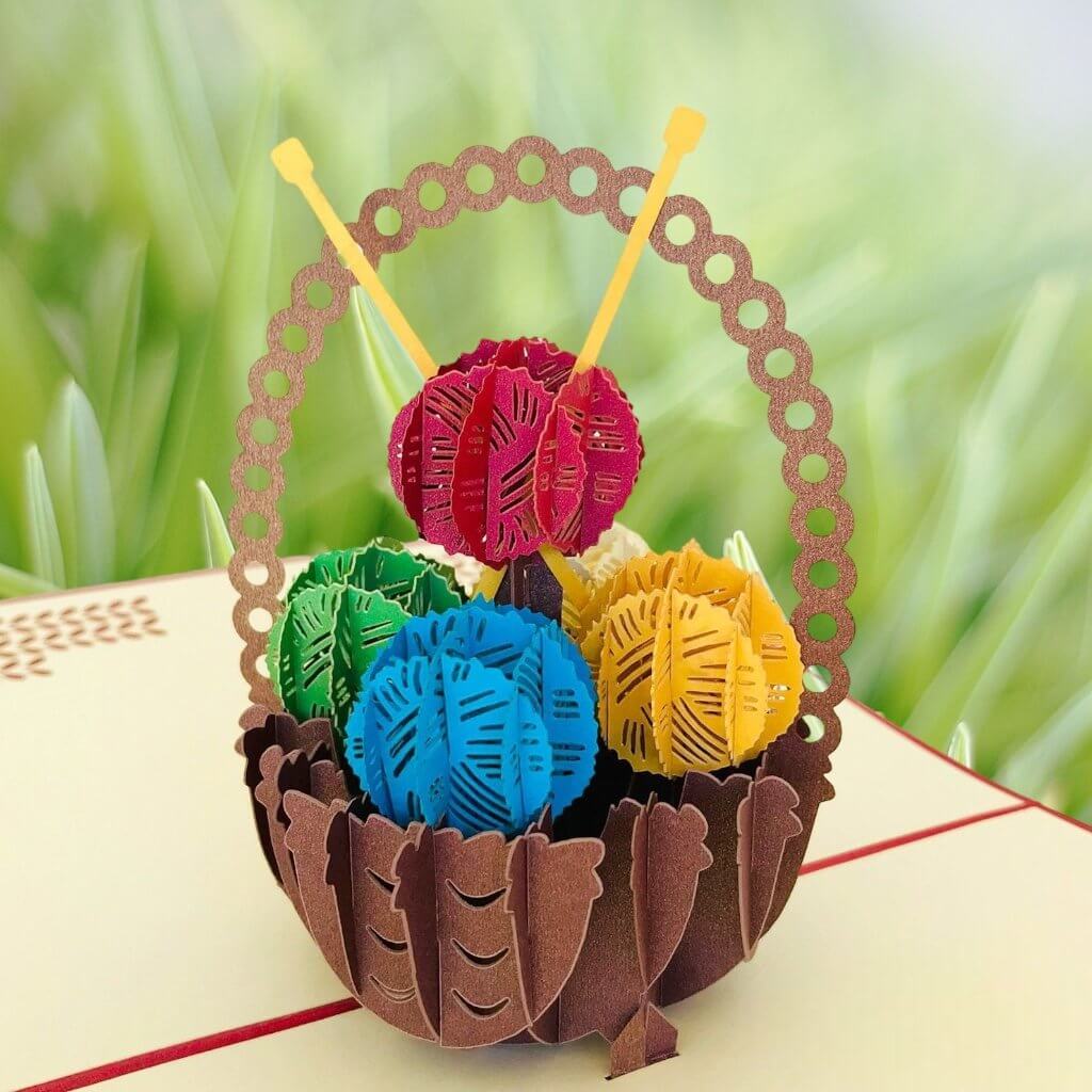 Handmade Colourful Knitting Yarn Basket Pop Up Greeting Card - Online Party Supplies
