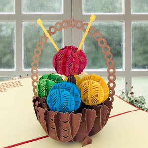 Handmade Colourful Knitting Yarn Basket Pop Up Greeting Card - Online Party Supplies