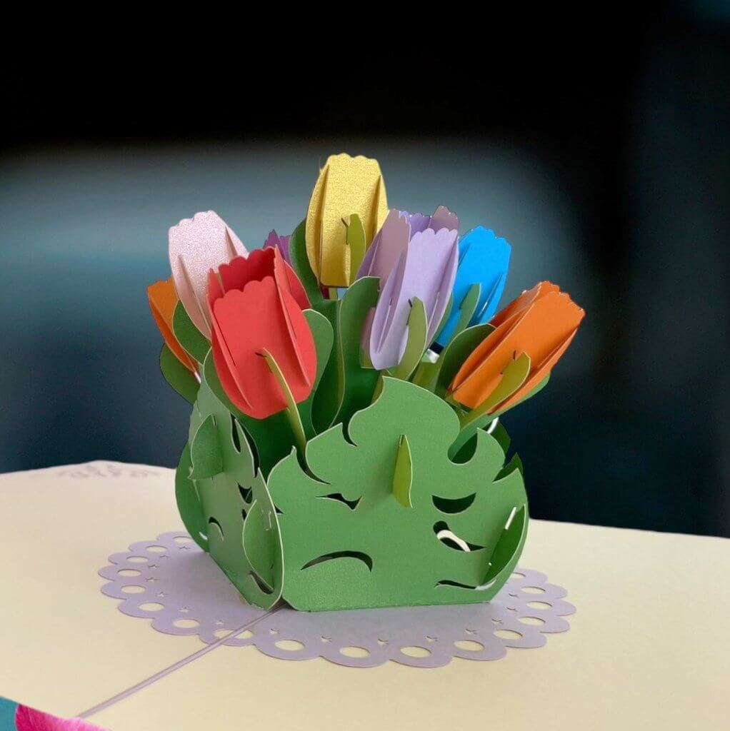 Handmade Colourful Tulip Flower Bouquet in a Posy Box 3D Pop Up Greeting Card