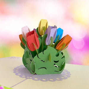 Handmade Colourful Tulip Flower Bouquet in a Posy Box 3D Pop Up Greeting Card