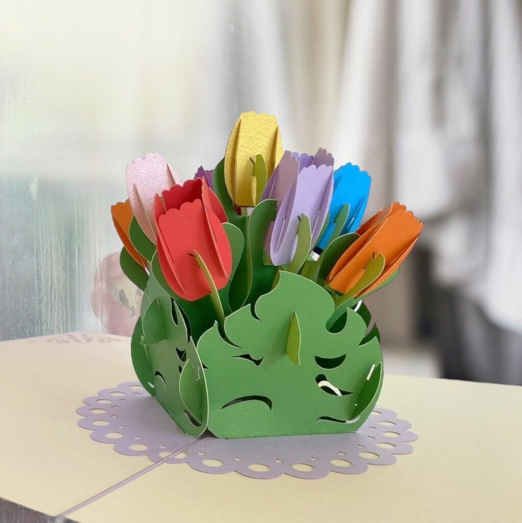 Handmade Colourful Tulip Flower Bouquet in a Posy Box 3D Pop Up Greeting Card