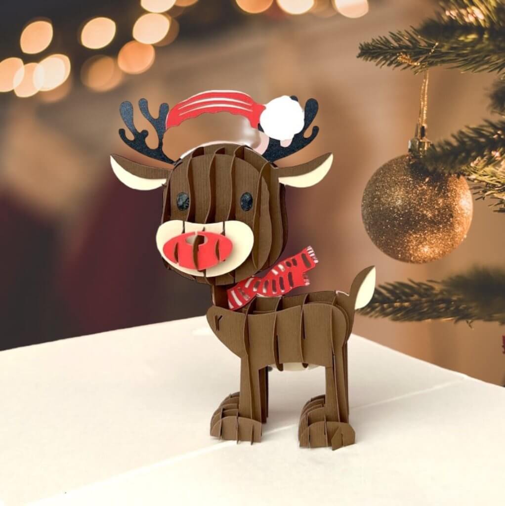 Cute Baby Reindeer Wearing Xmas Hat 3D Pop Up Card