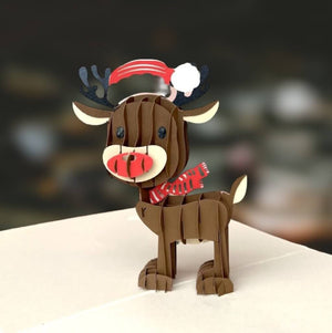 Cute Baby Reindeer Wearing Xmas Hat 3D Pop Up Card