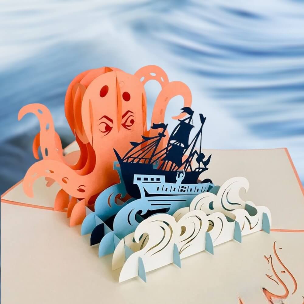 Handmade Giant Kraken Attacking Ship 3D Pop Up Card - Online Party Supplies