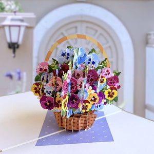 Luxury Gold Embossing Pansies Flower Basket Origami Pop Up Greeting Card