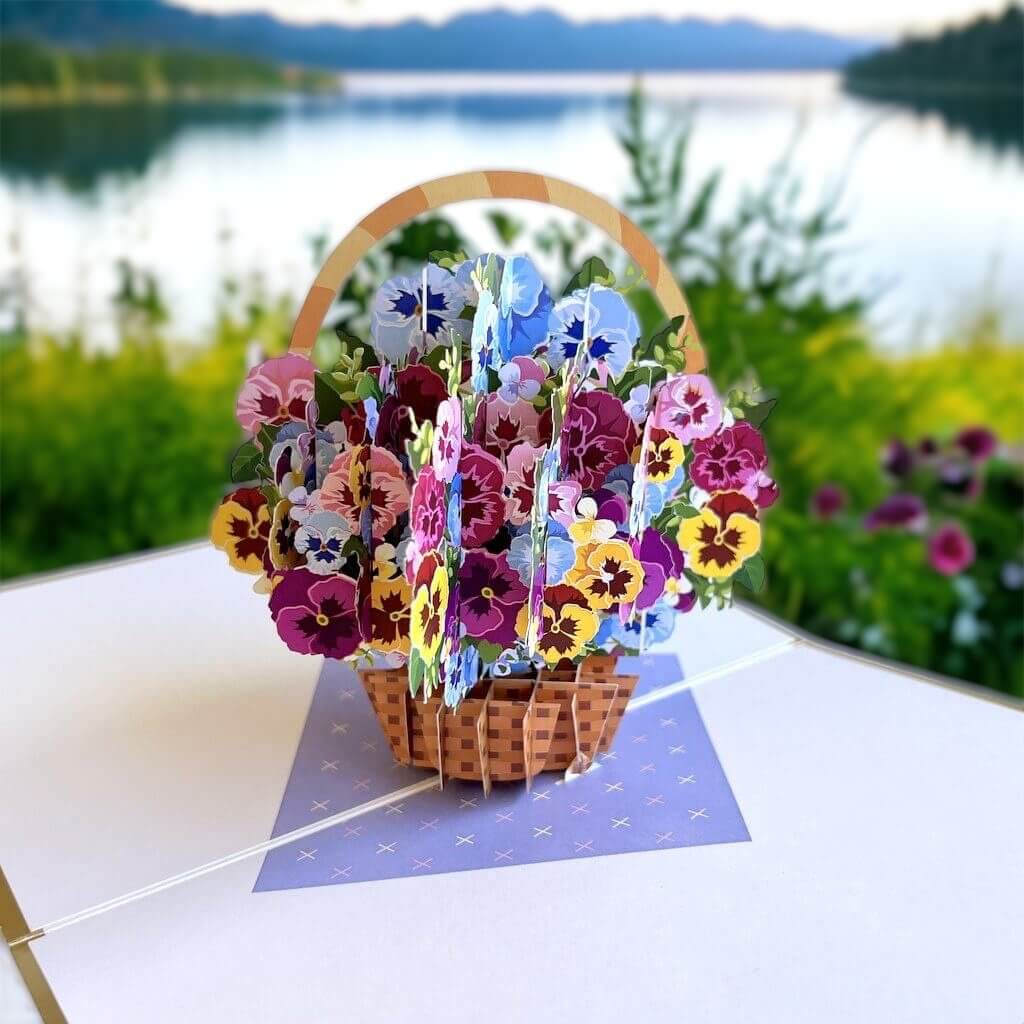 Luxury Gold Embossing Pansies Flower Basket Origami Pop Up Greeting Card