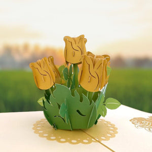 Handmade Golden Rose Bouquet 3D Pop Up Greeting Card - Mother's Day, Valentine's Day Pop Up Cards - Wedding Invitations