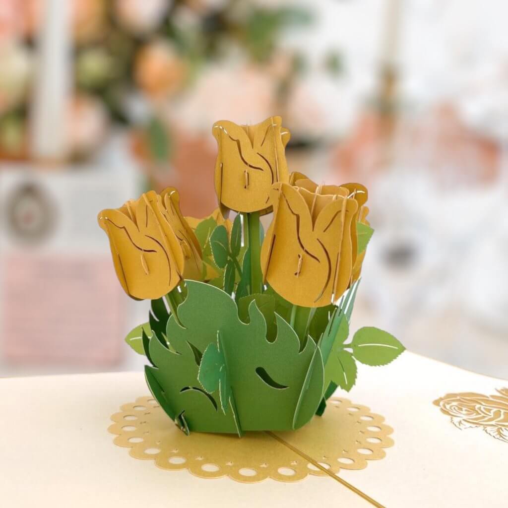 Handmade Golden Rose Bouquet 3D Pop Up Greeting Card - Mother's Day, Valentine's Day Pop Up Cards - Wedding Invitations