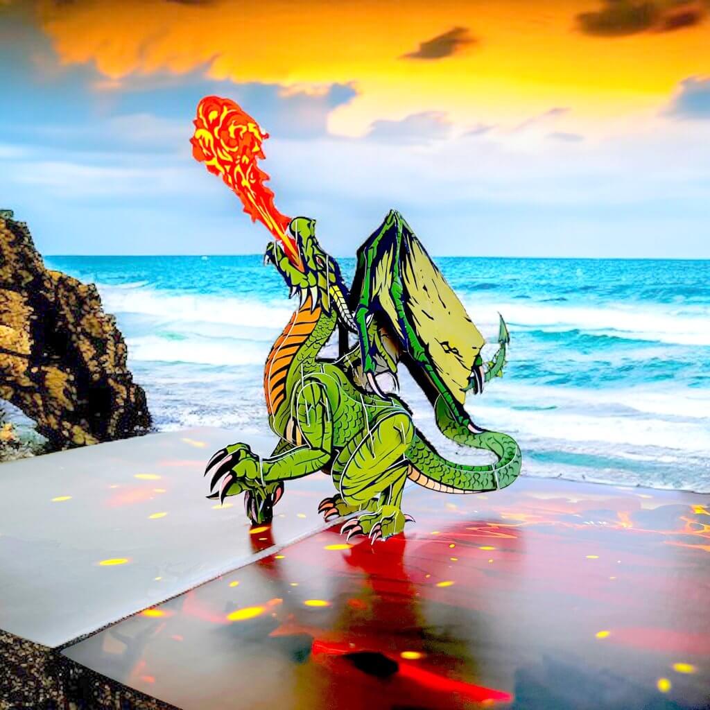 Green Fire Breathing Dragon Pop Up Card