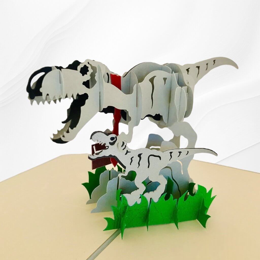 Handmade Grey Daddy and Baby Dinosaurs Pop Up Card - Online Party Supplies