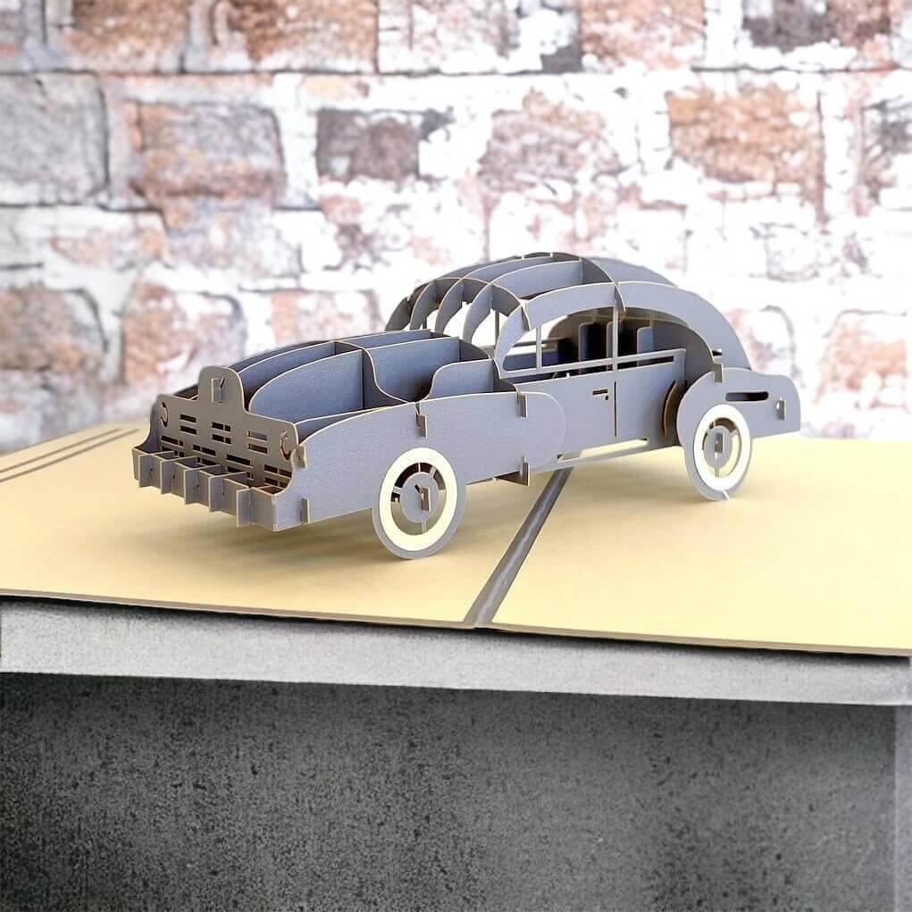 Handmade Grey Vintage Car 3D Pop Up Greeting Card - Pop Up Transportation Card