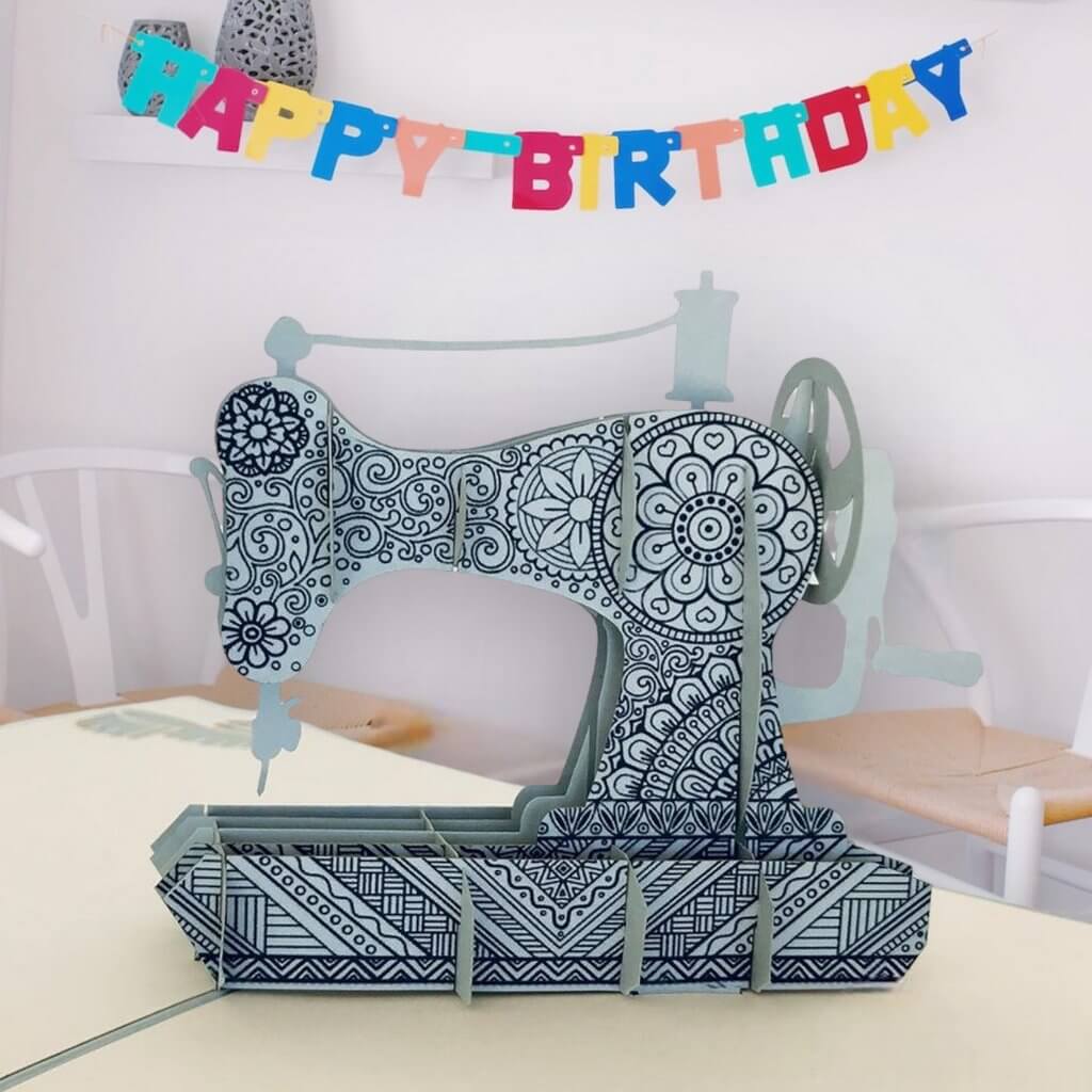 Handmade Grey Vintage Sewing Machine 3D Pop Up Card - Online Party Supplies
