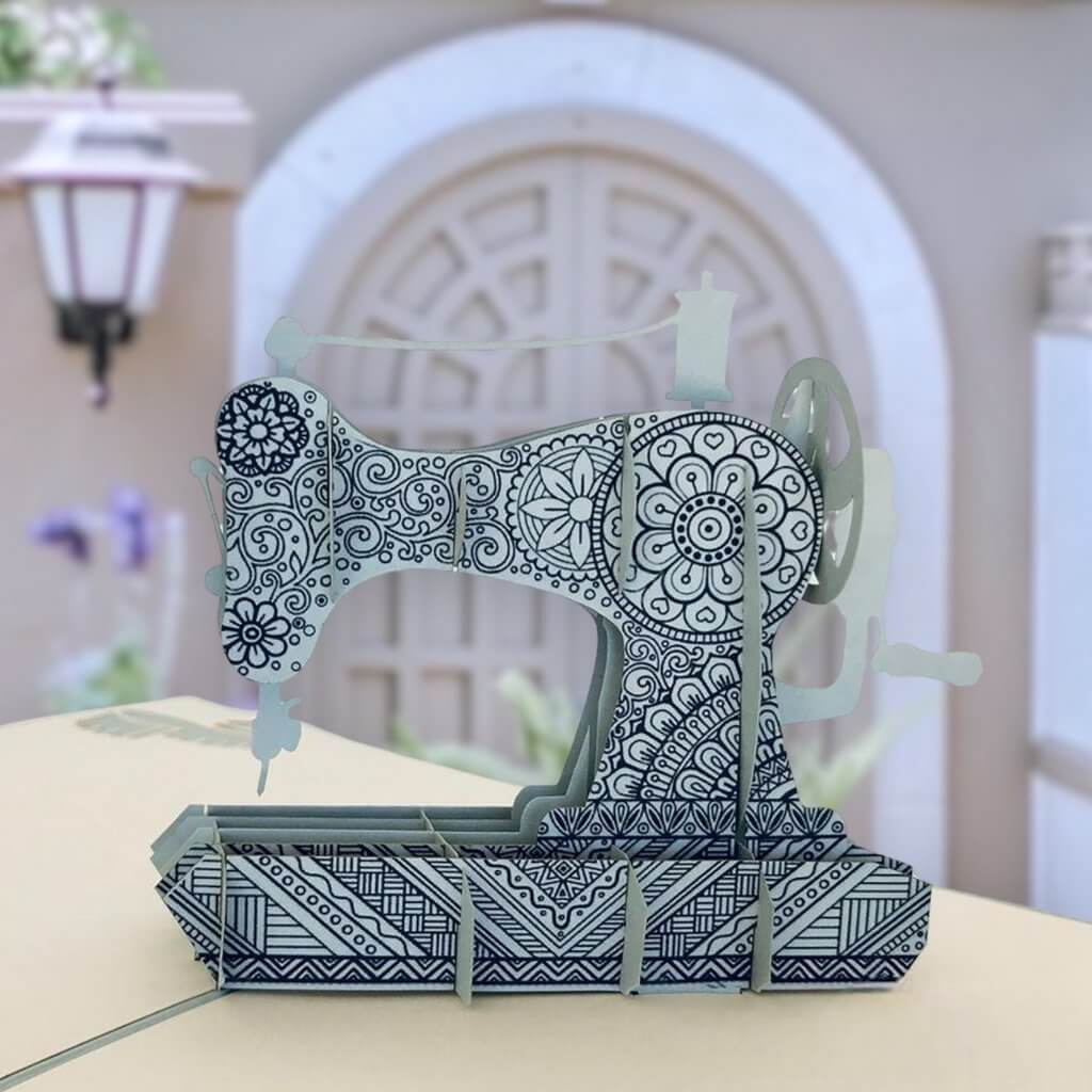 Handmade Grey Vintage Sewing Machine 3D Pop Up Card - Online Party Supplies
