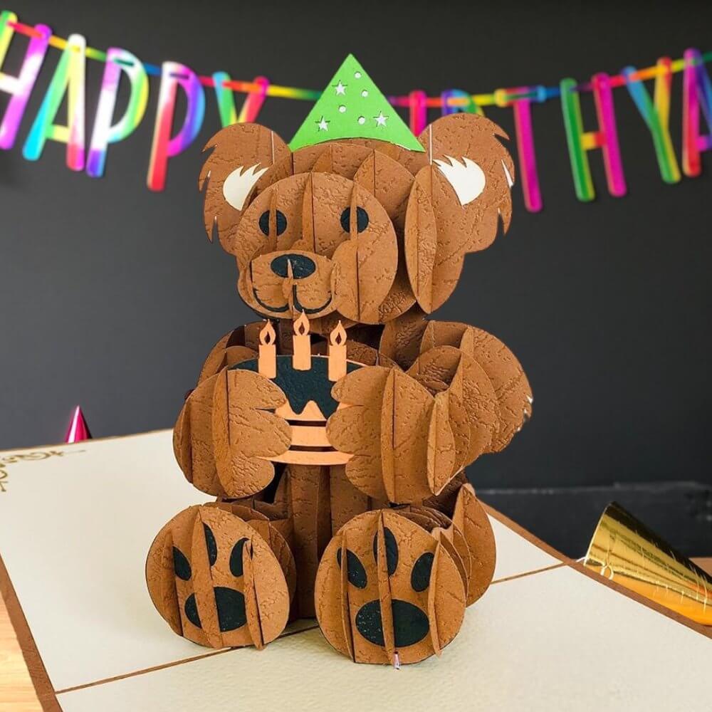 Handmade Happy Birthday Brown Teddy Bear 3D Pop Up Card - Online Party Supplies