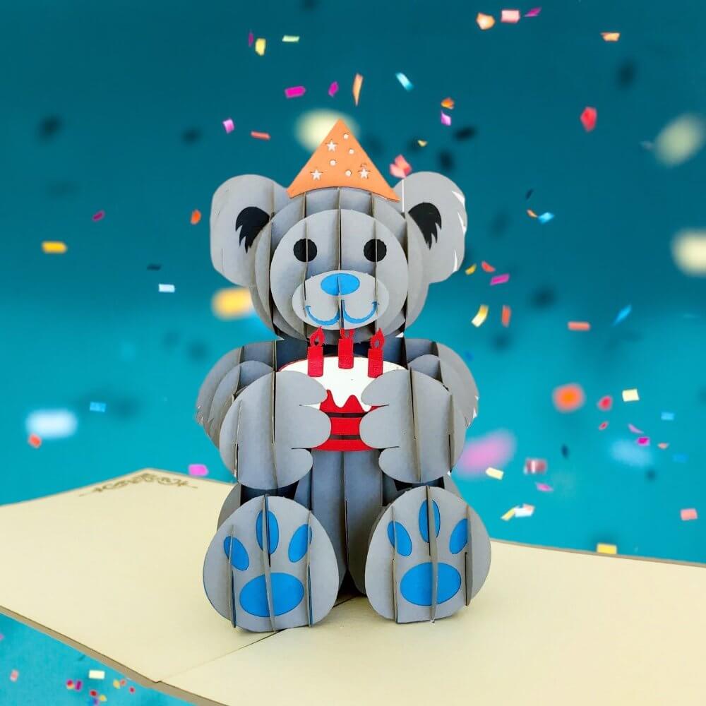 Handmade Happy Birthday Grey Teddy Bear Pop Up Card - Online Party Supplies