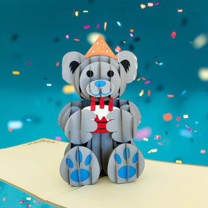 Handmade Happy Birthday Grey Teddy Bear Pop Up Card