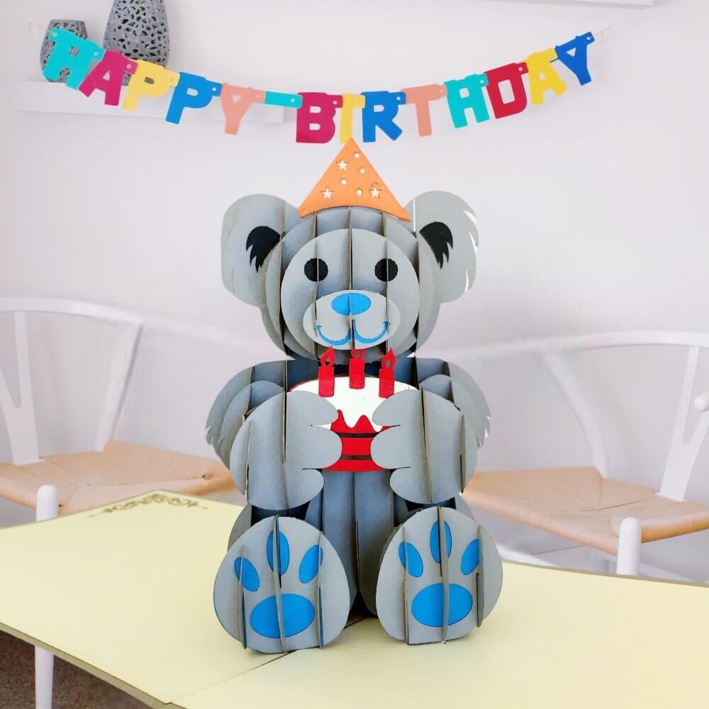 Handmade Happy Birthday Grey Teddy Bear Pop Up Card - Online Party Supplies