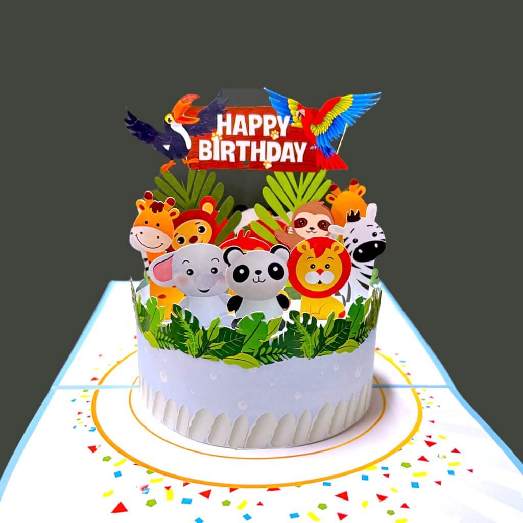 Happy Birthday Jungle Animal Cake Origami Pop Card