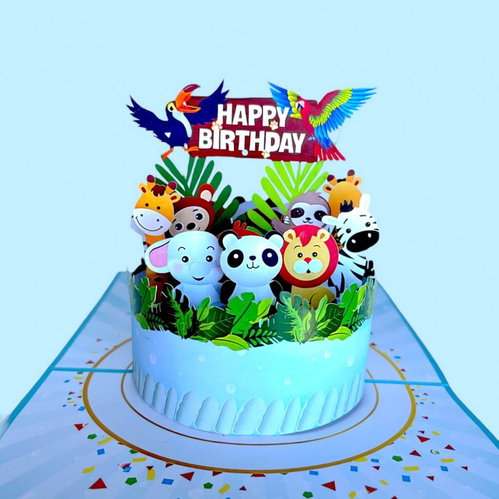 Happy Birthday Jungle Animal Cake Origami Pop Card