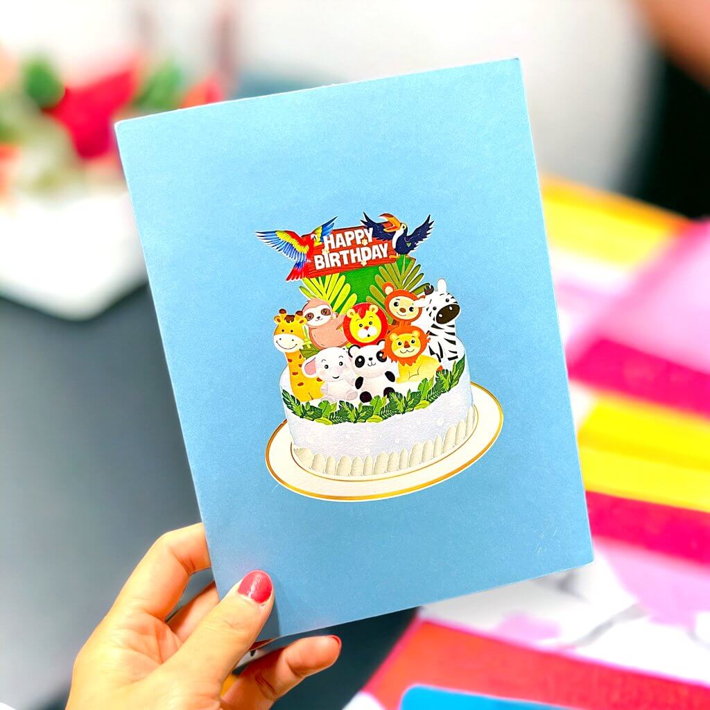 Happy Birthday Jungle Animal Origami Pop CardHappy Birthday Jungle Animal Cake Origami Pop Card