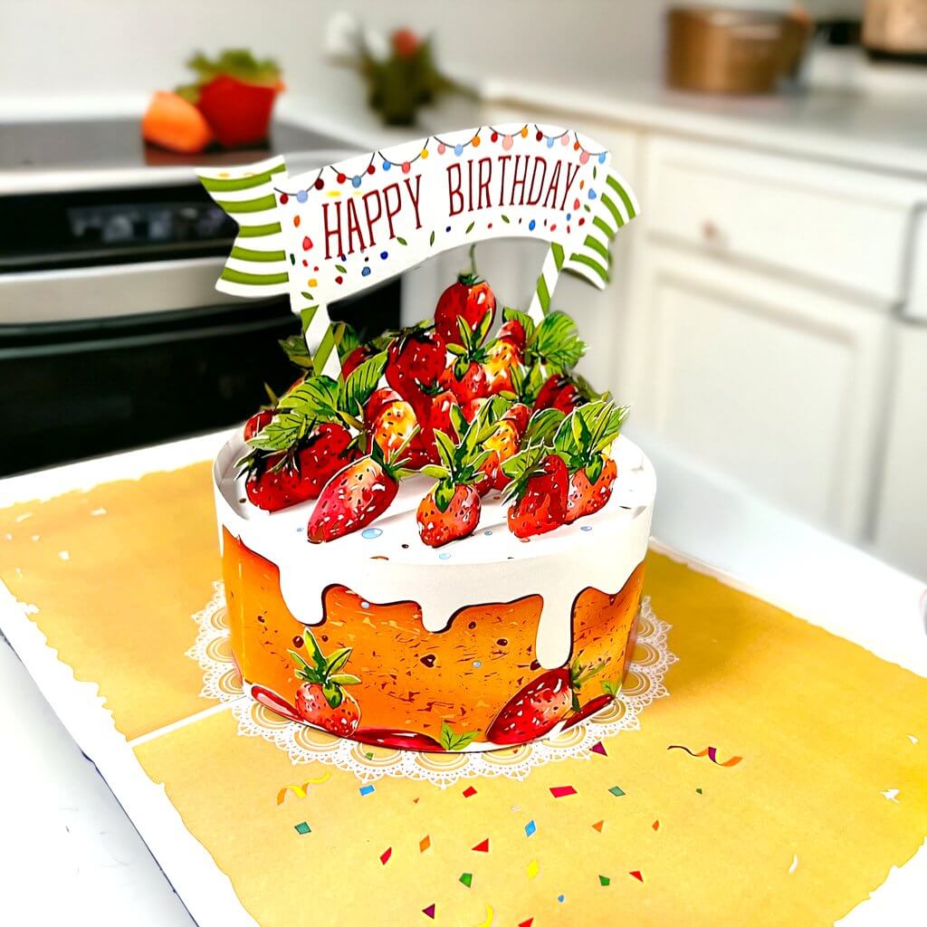 Happy Birthday Strawberry Cake Origami Pop Card