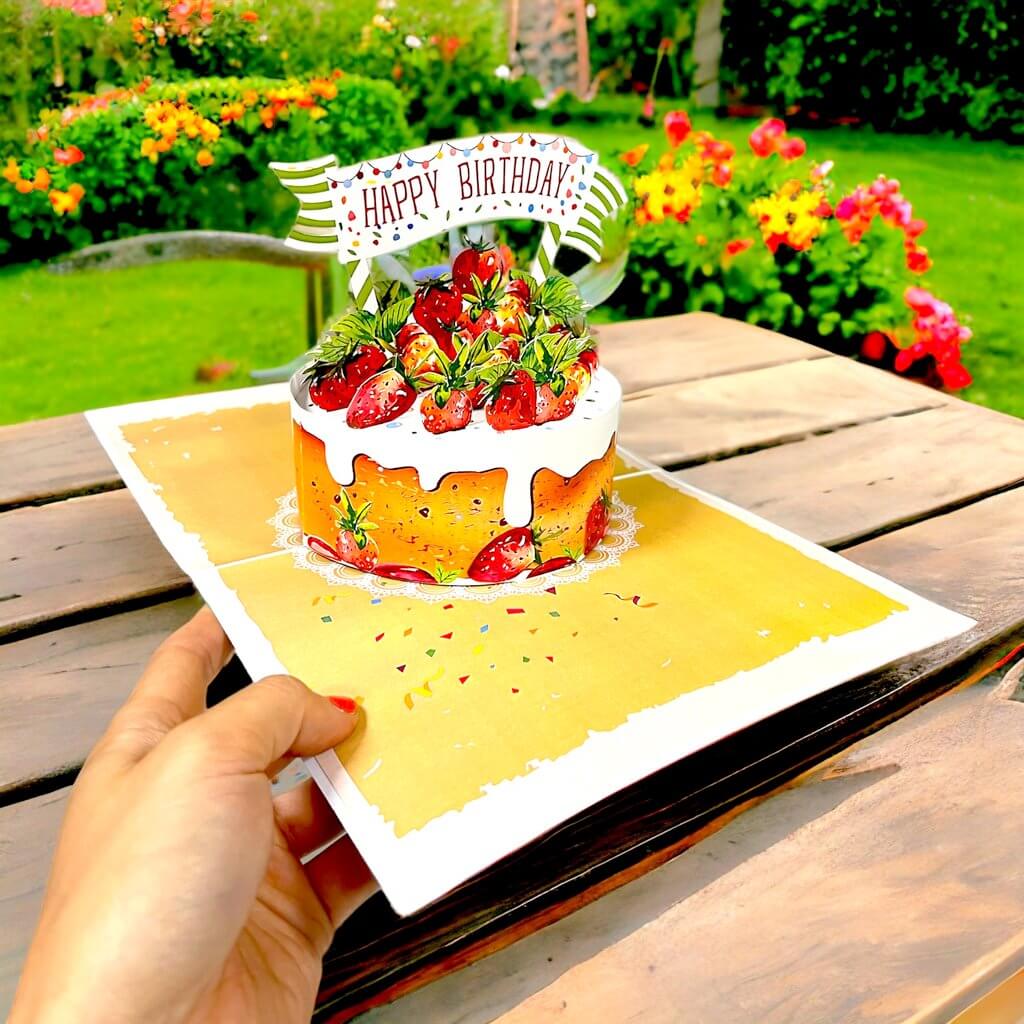 Happy Birthday Strawberry Cake Origami Pop Card