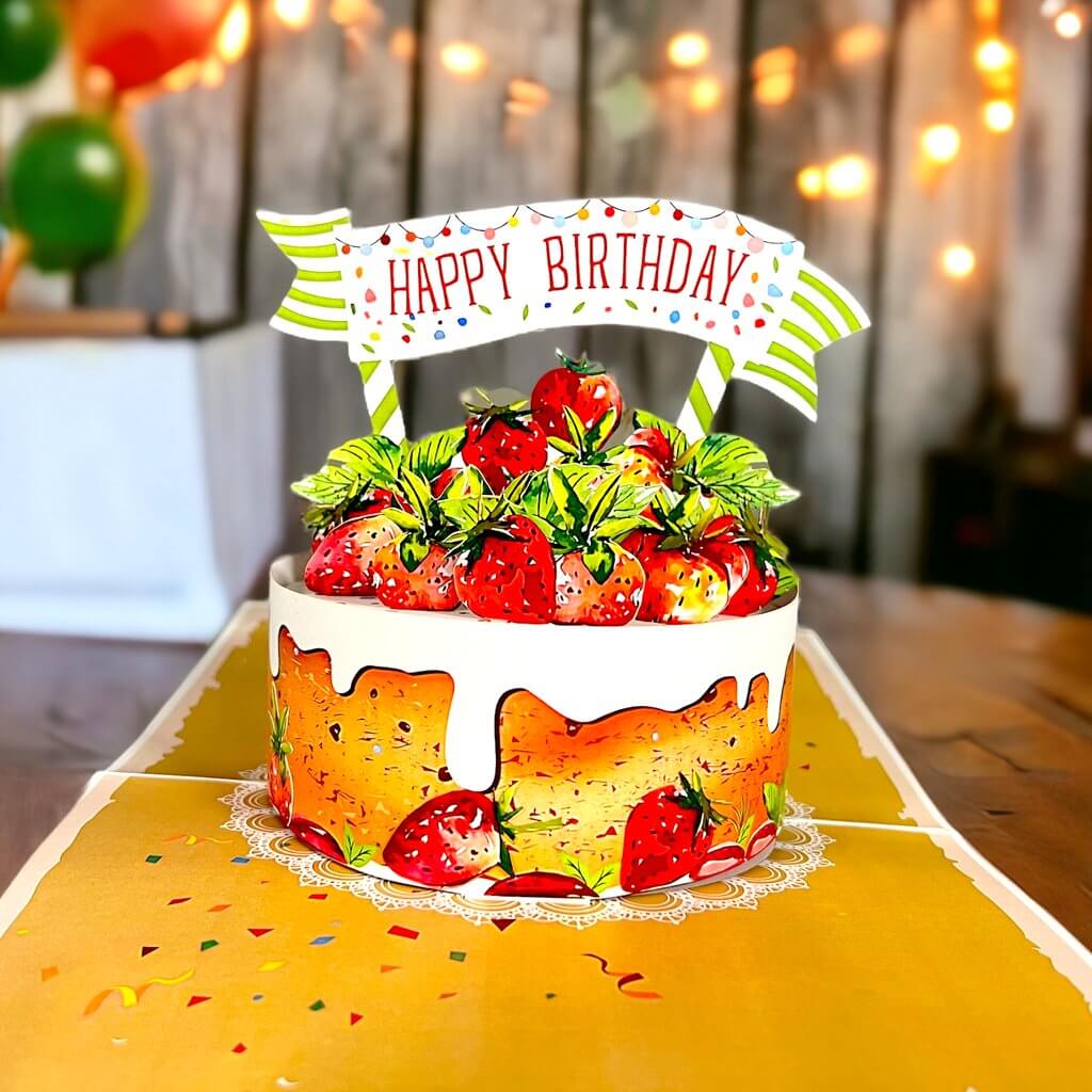 Happy Birthday Strawberry Cake Origami Pop Card