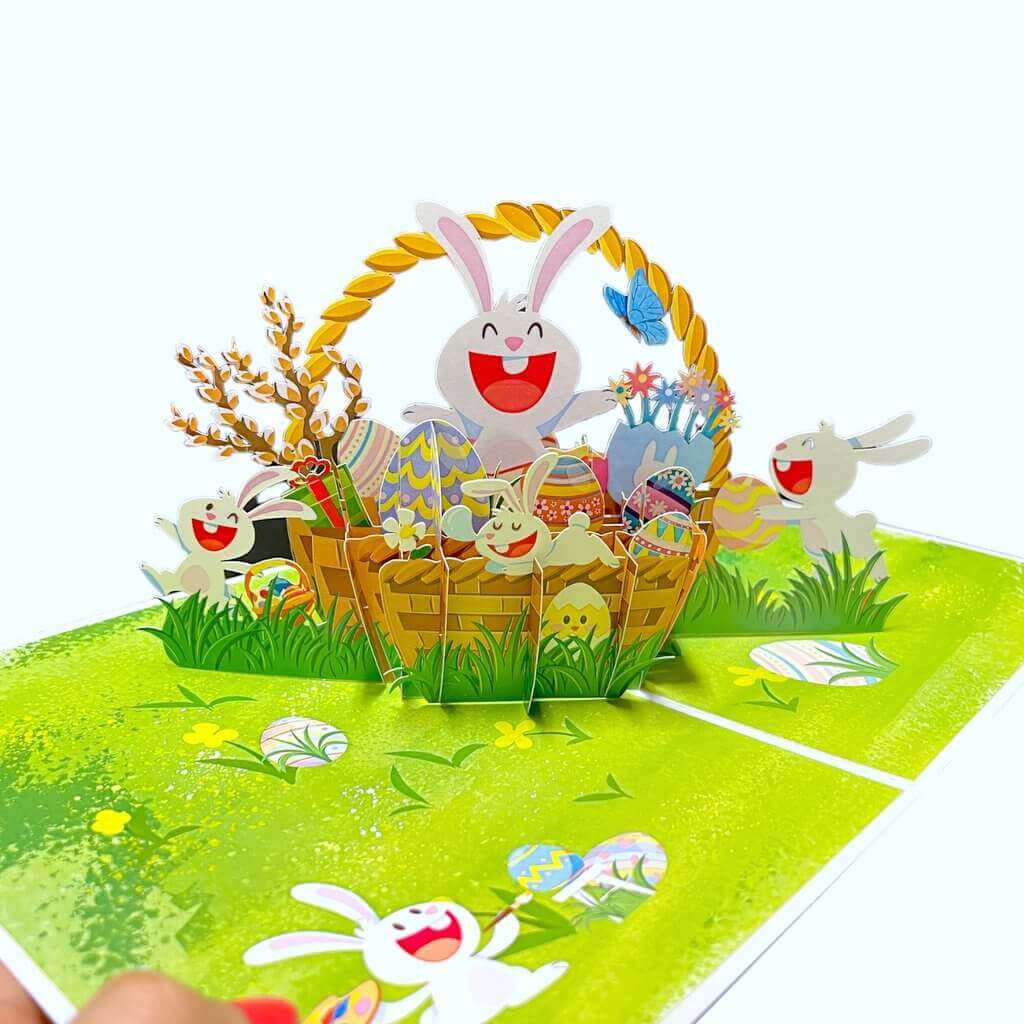 Happy Easter Rabbit Family in Basket Pop Up Card