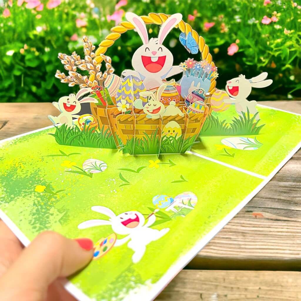 Happy Easter Rabbit Family in Basket Pop Up Card