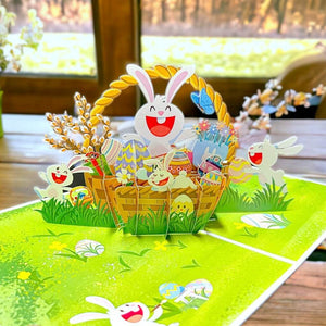 Happy Easter Rabbit Family in Basket Pop Up Card