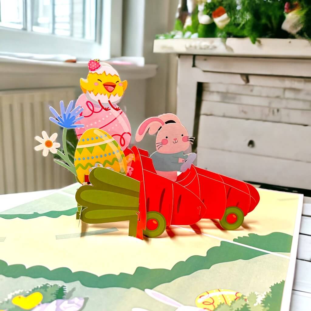 Happy Easter Rabbit in Carrot Car Pop Up Card