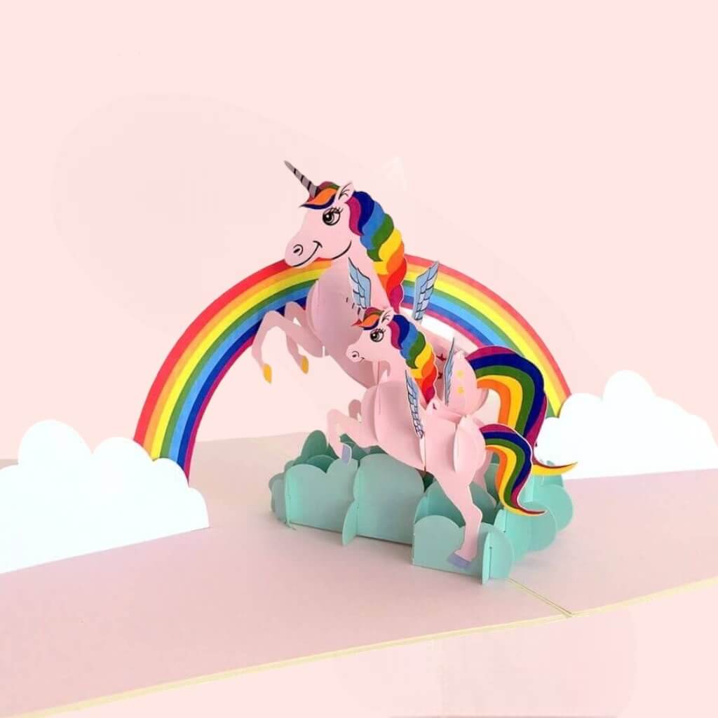 Pink Unicorn Mum and Baby Jumping Over Rainbow Pop Up Card