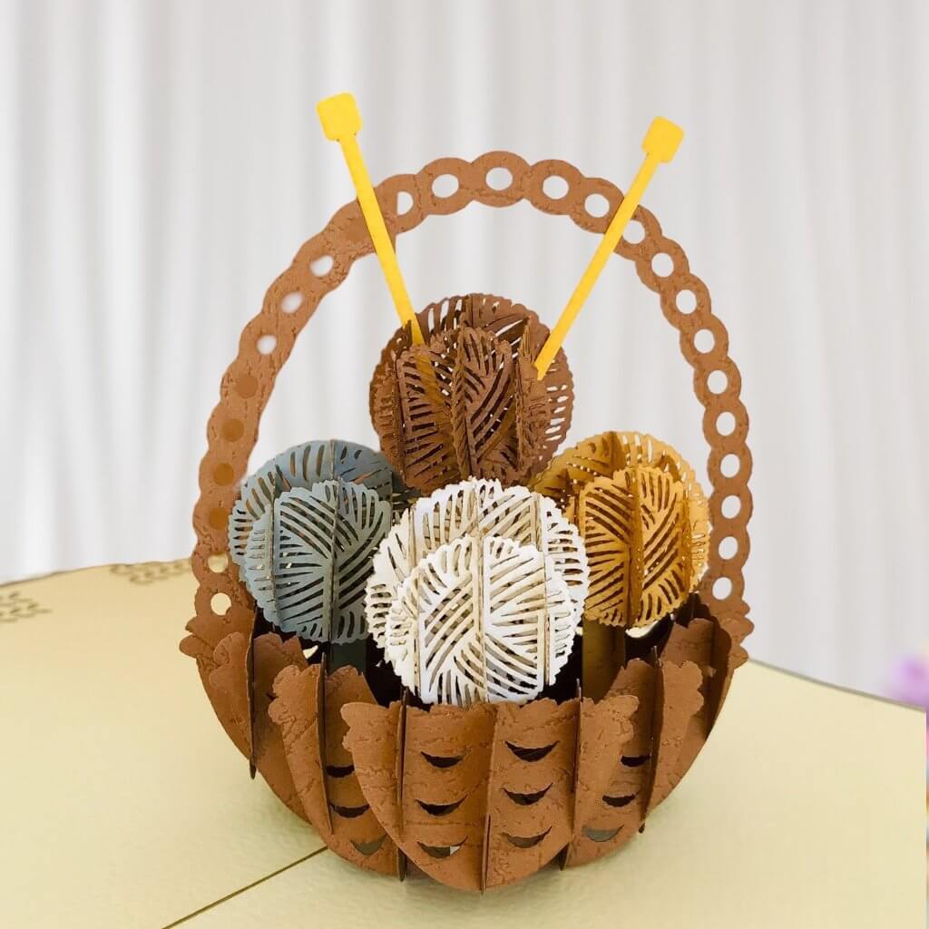 Handmade Knitting Yarn Basket Brown Cover Pop Up Greeting Card - Online Party Supplies