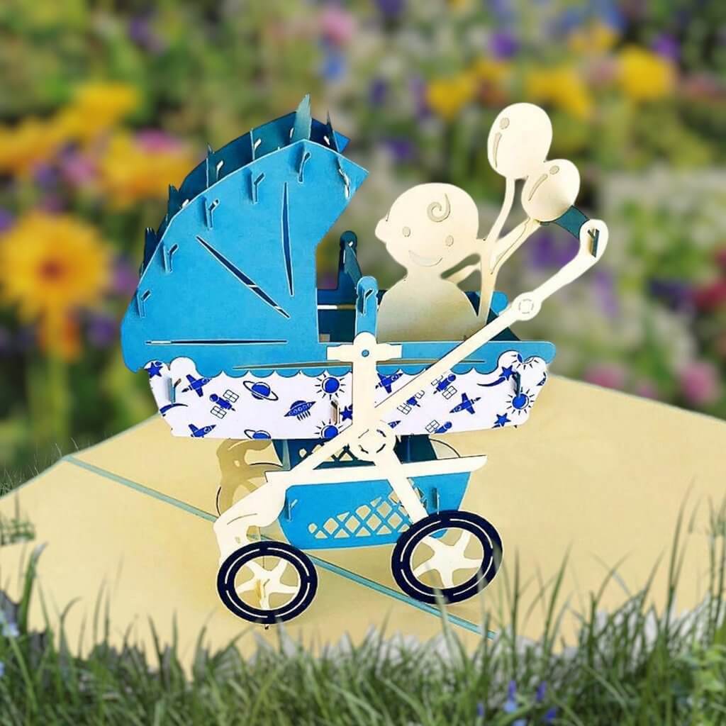Handmade Large Blue Pram Pop Up Card - Online Party Supplies