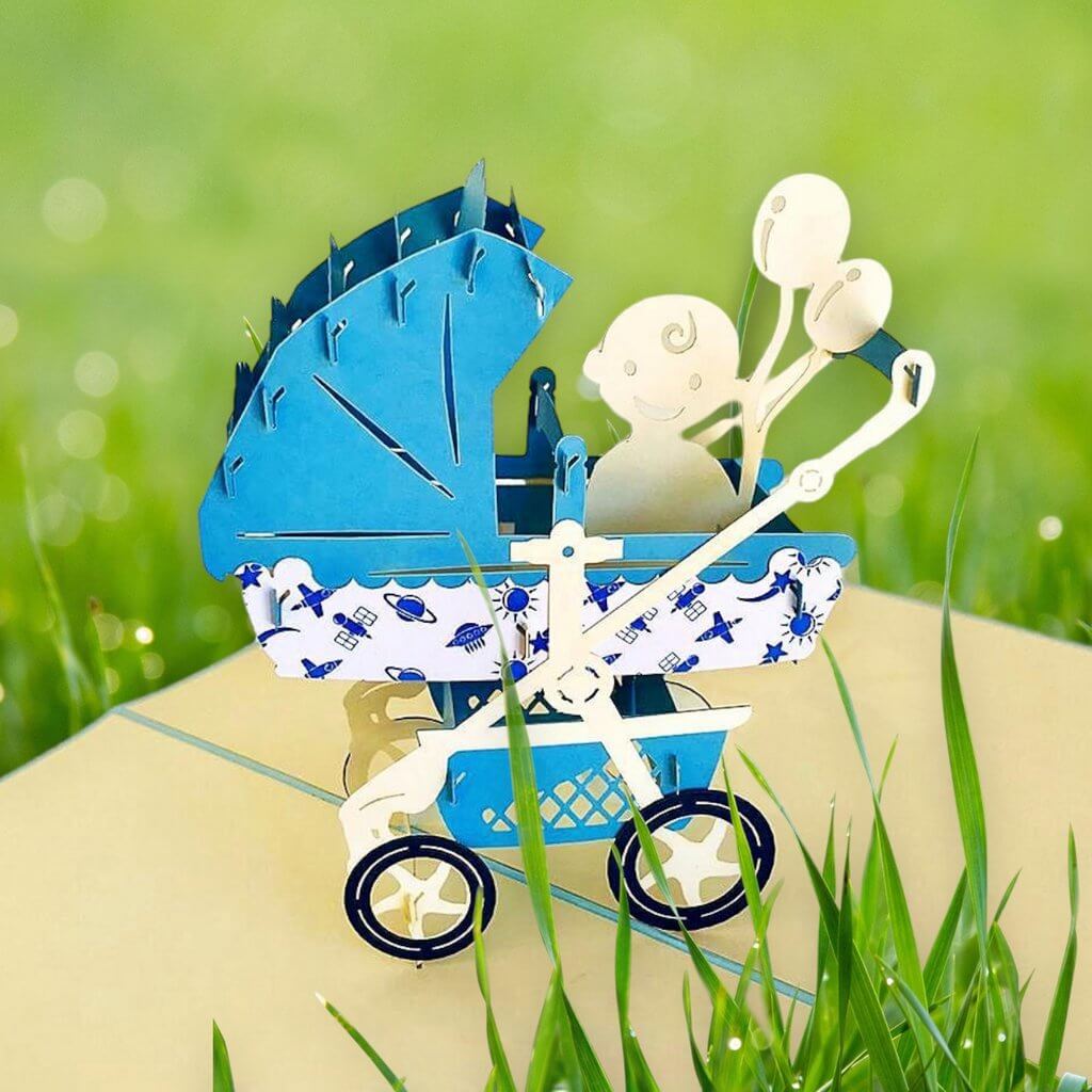 Handmade Large Blue Pram Pop Up Card - Online Party Supplies