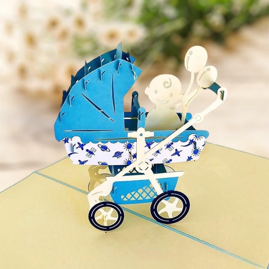 Handmade Blue Pram 3D Pop Up Card