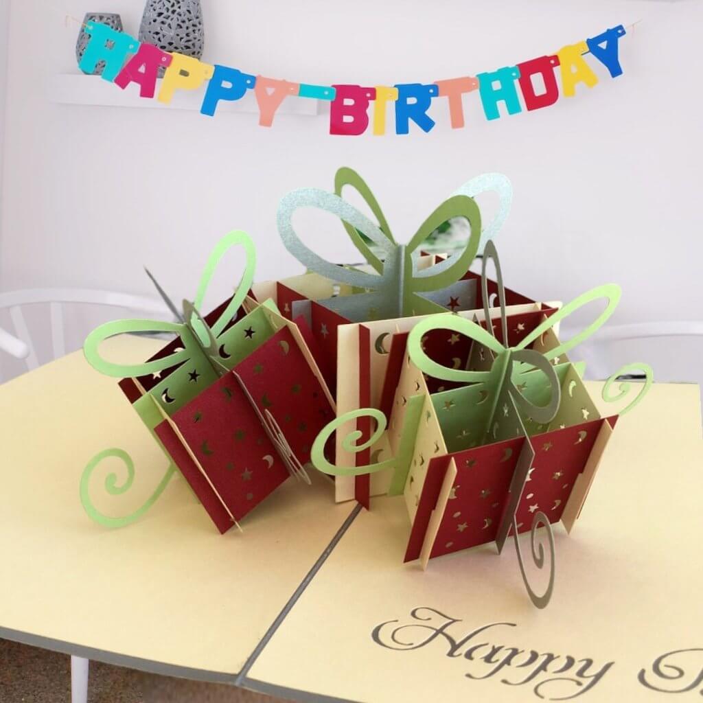 Handmade Large Happy Birthday Present Box Pop Up Card - Grey Cover - Online Party Supplies