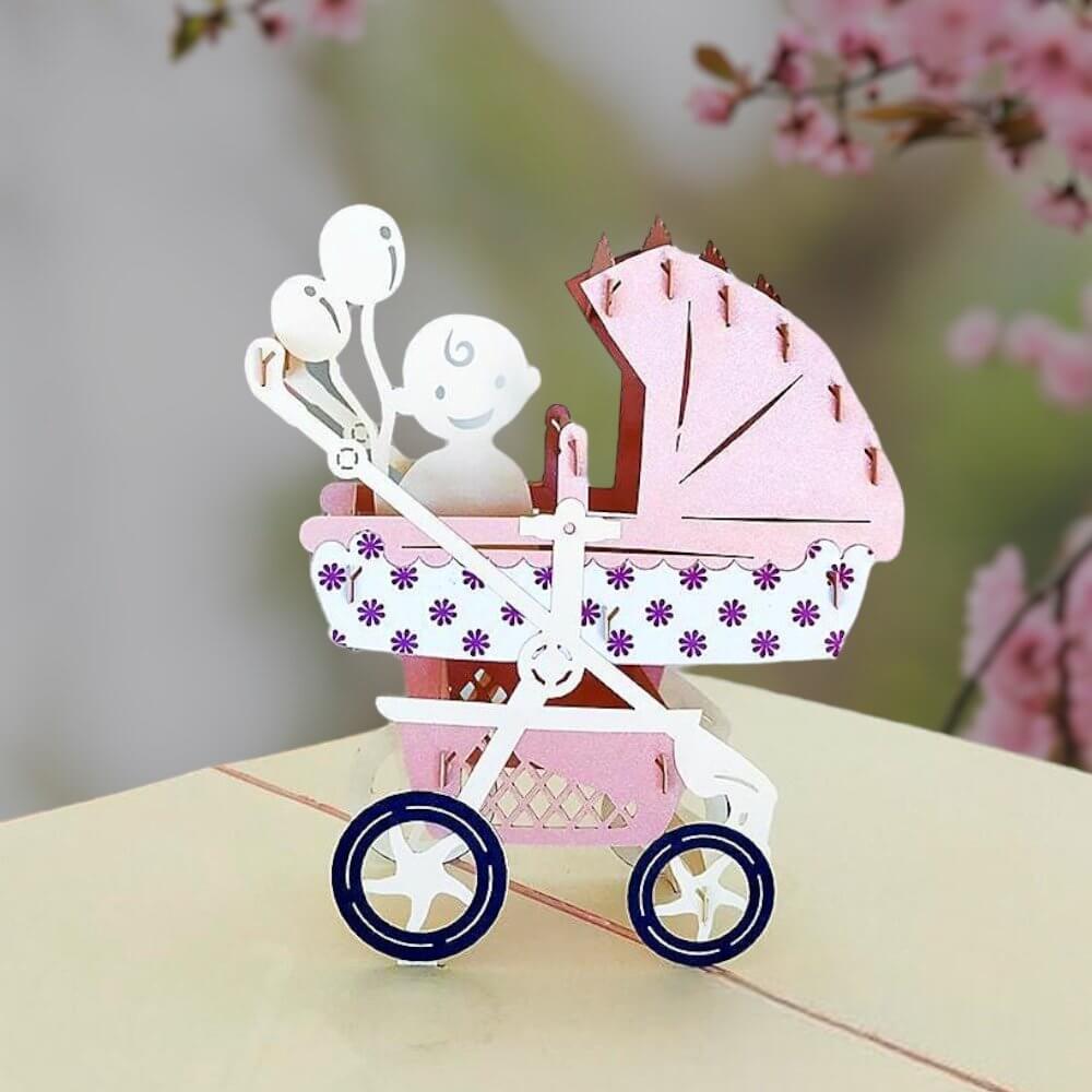 Handmade Large Pink Pram Pop Up Baby Shower Card - Online Party Supplies