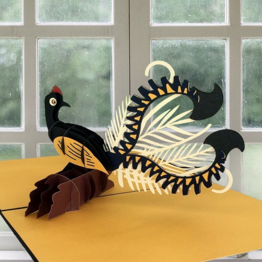 Handmade Metallic Australian Native Gold and Black Lyrebird Pop Up Greeting Card - Online Party Supplies