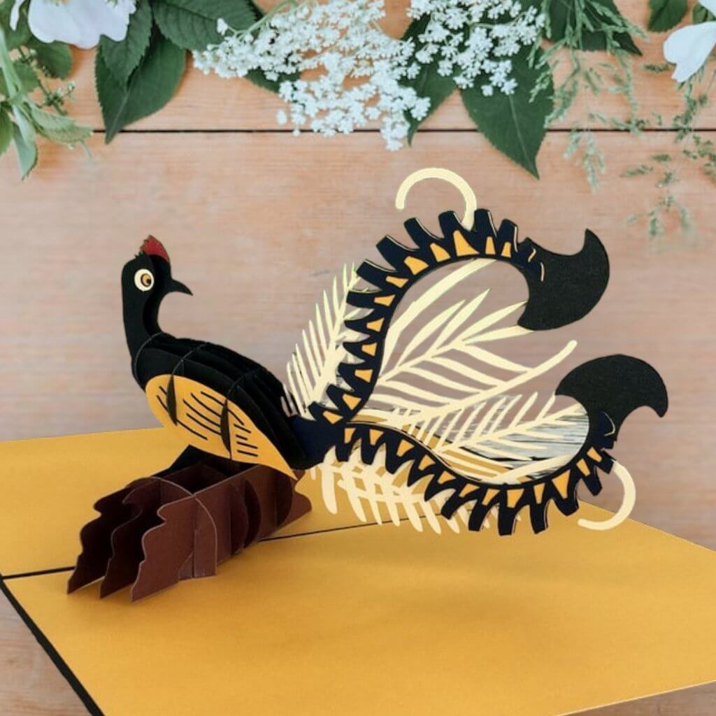 Handmade Metallic Australian Native Gold and Black Lyrebird Pop Up Greeting Card - Online Party Supplies