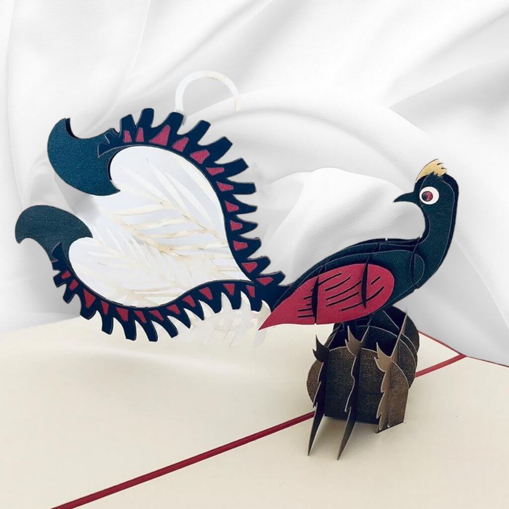 Handmade Metallic Australian Native Red and Navy Blue Superb Lyrebird Pop Up Greeting Card - Online Party Supplies