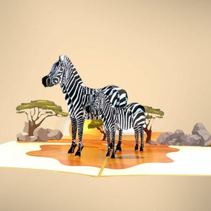 Handmade Mother and Baby Zebra in Safari 3D Pop Up Greeting Card - Safari Animal Themed Party Invitations