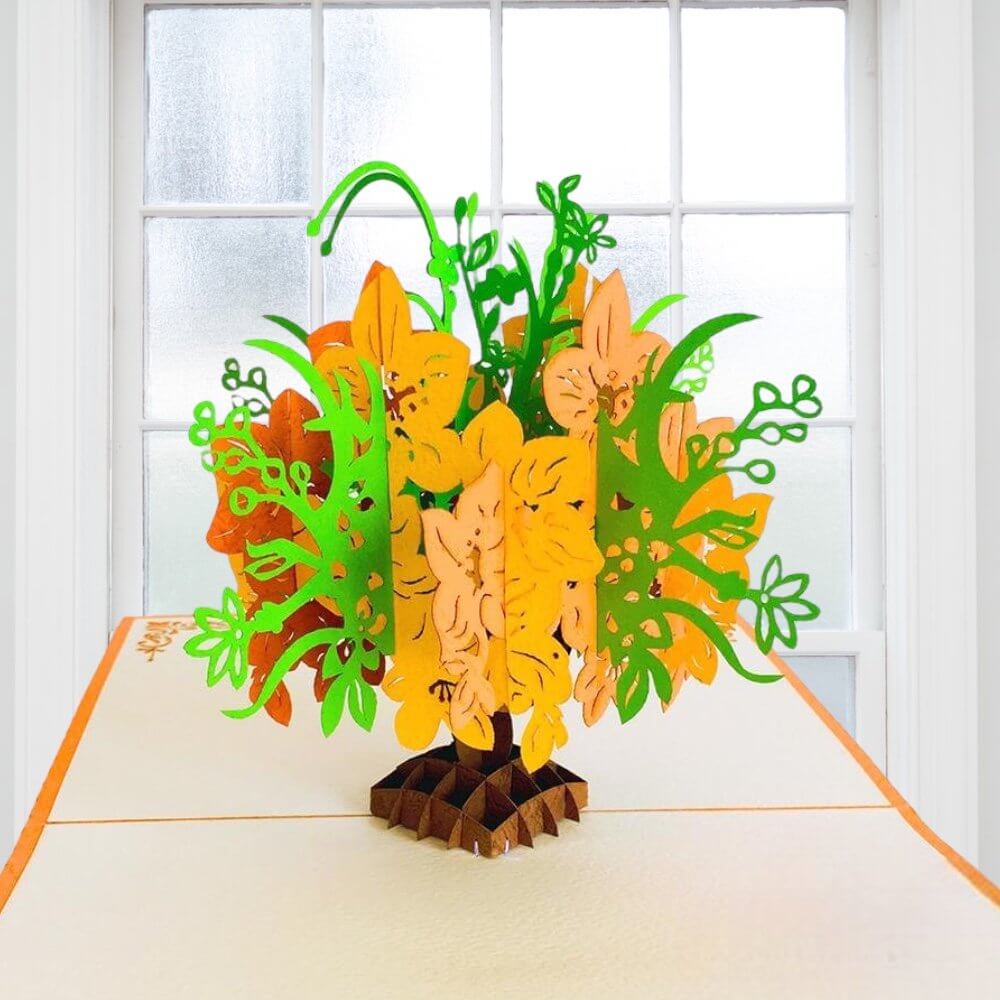 Handmade Orange & Green Flower Bouquet 3D Pop Up Card - Online Party Supplies