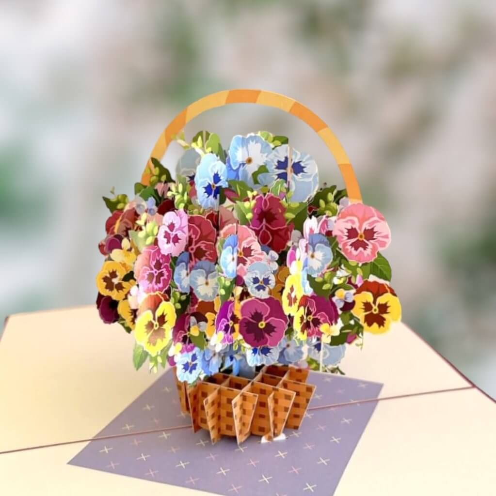 Gorgeous Pansies Flower Basket Origami Pop Up Greeting Card
