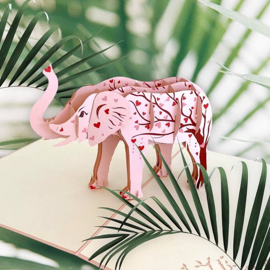 Pink Elephant with Red Heart Tree 3D Pop Up Greeting Card
